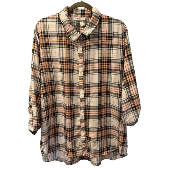 Moa Moa Woman Plaid Button-Up Shirt 3/4 Sleeve Size 2X Blouse - Picture 4 of 12